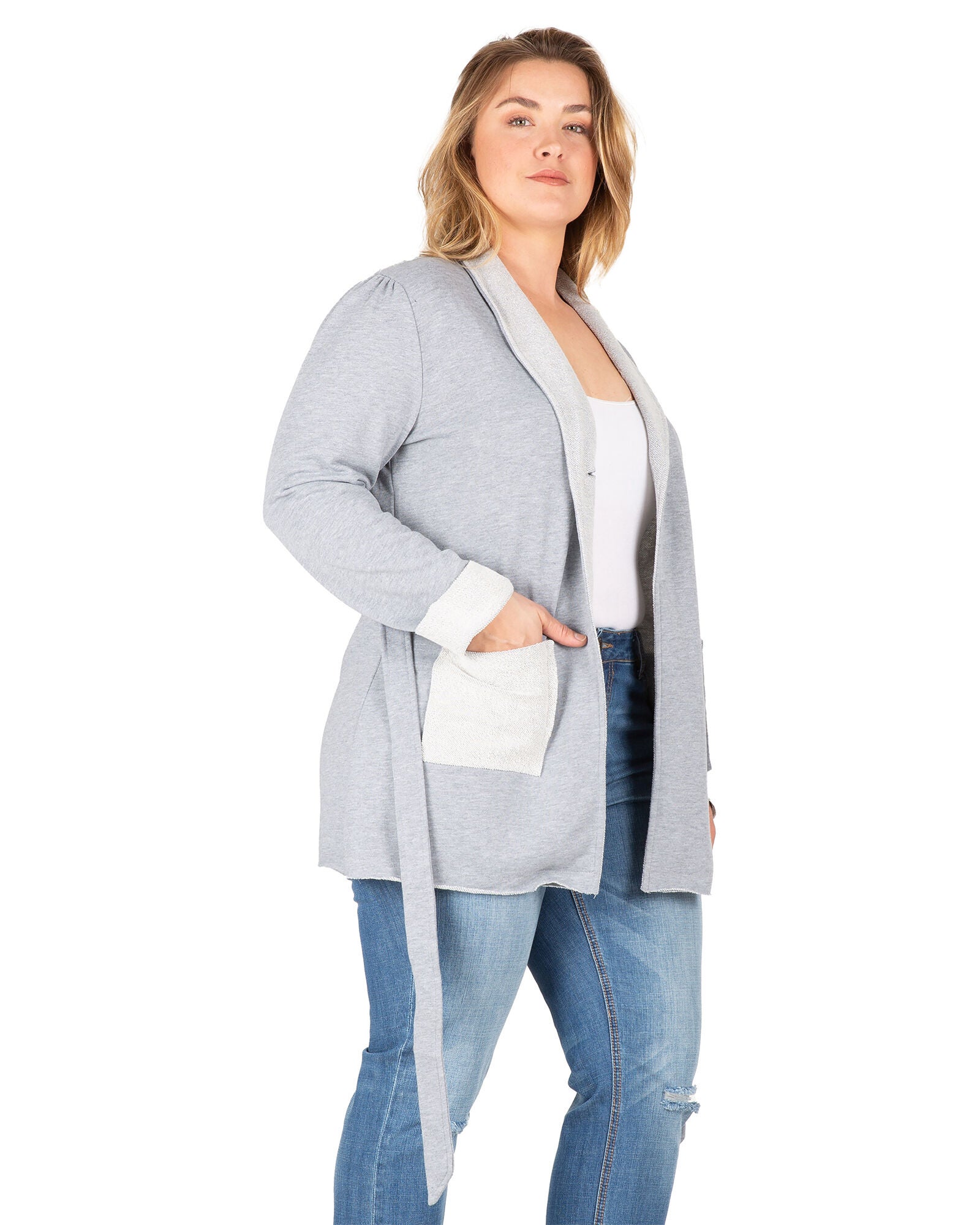 Reverse Trim Shawl Collared Self Tie Cardigan, HEATHERGREY / Light Grey, alternate image number 3