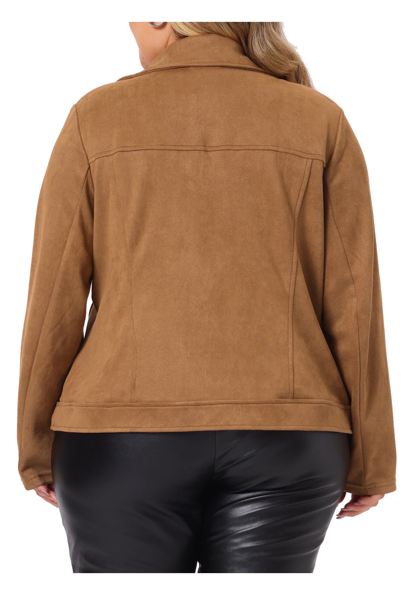 FAUX SUEDE ZIPPER CROP MOTO BIKER JACKET, Brown / Brown, alternate image number 3