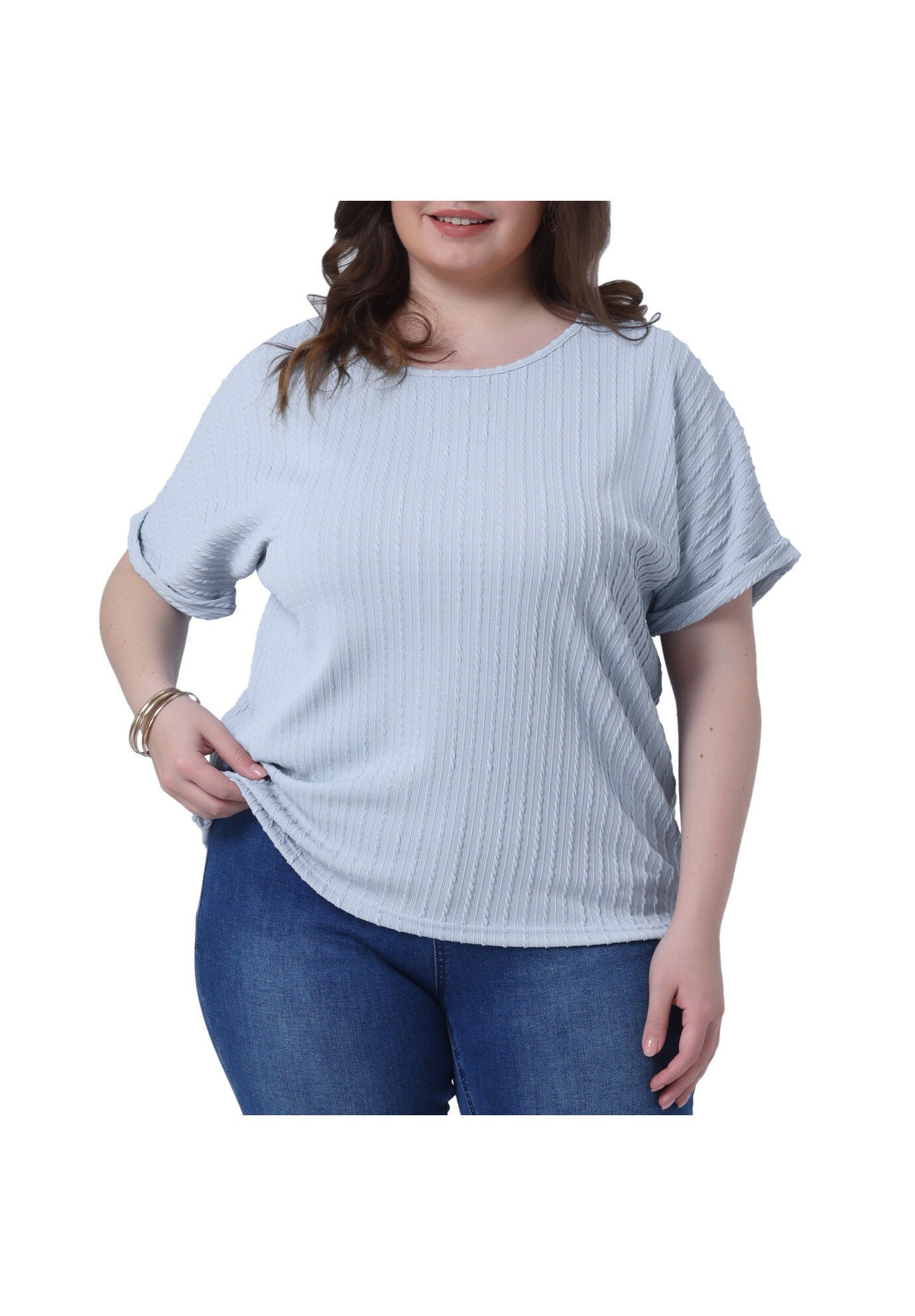 Textured Rolled Short Sleeve Crew Neck T-Shirts Blouses, Light Blue / Light Blue, alternate image number 2