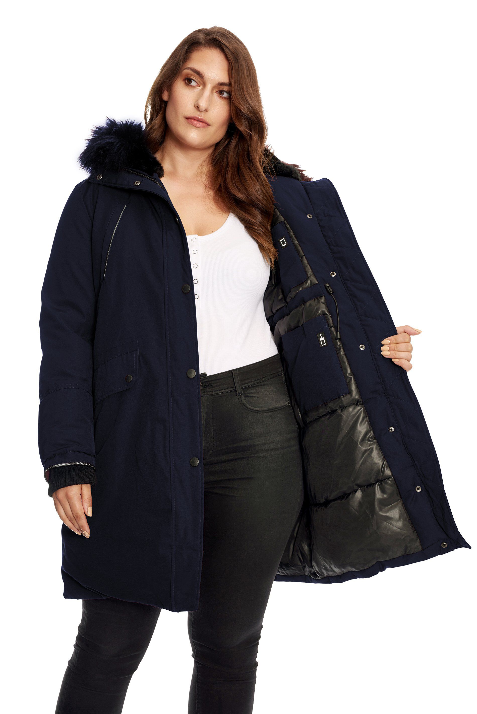 LAURENTIAN | Vegan Down Recycled Long Parka Winter With Faux Fur Hood, Navy / Navy, alternate image number 2