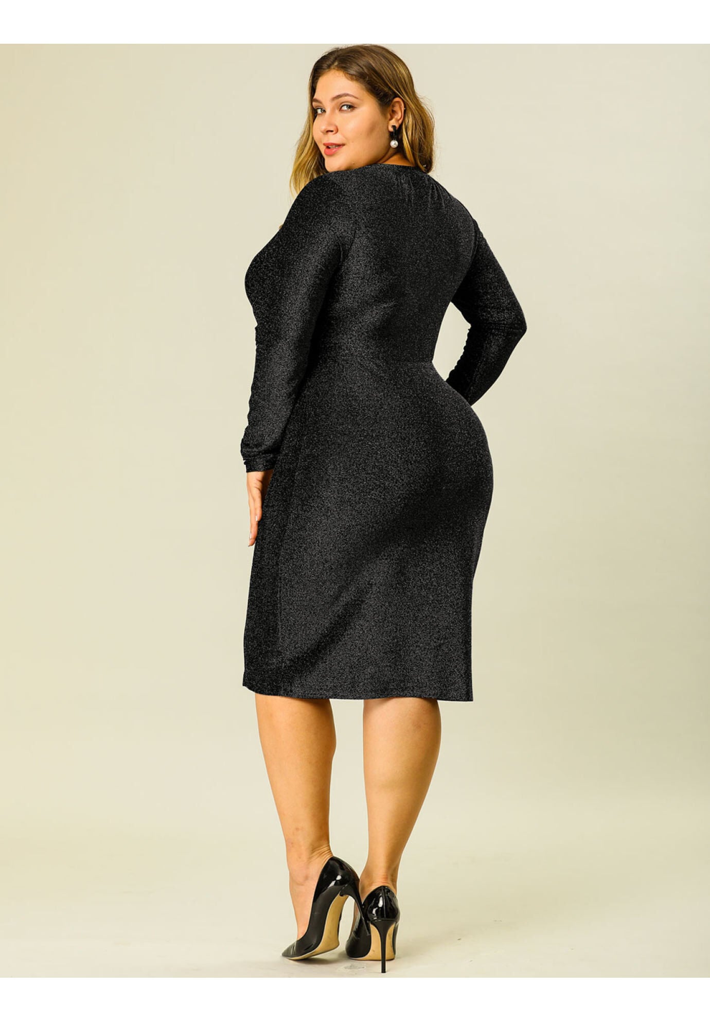 COCKTAIL BODYCON KEYHOLE GLITTER MIDI DRESS, Black / Black, alternate image number 3