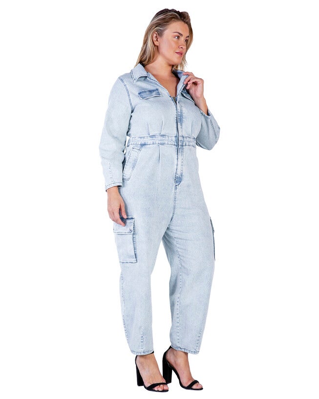 Portia Women's Long Plus Size Sleeves Denim Cargo Jumpsuit, , alternate image number 7