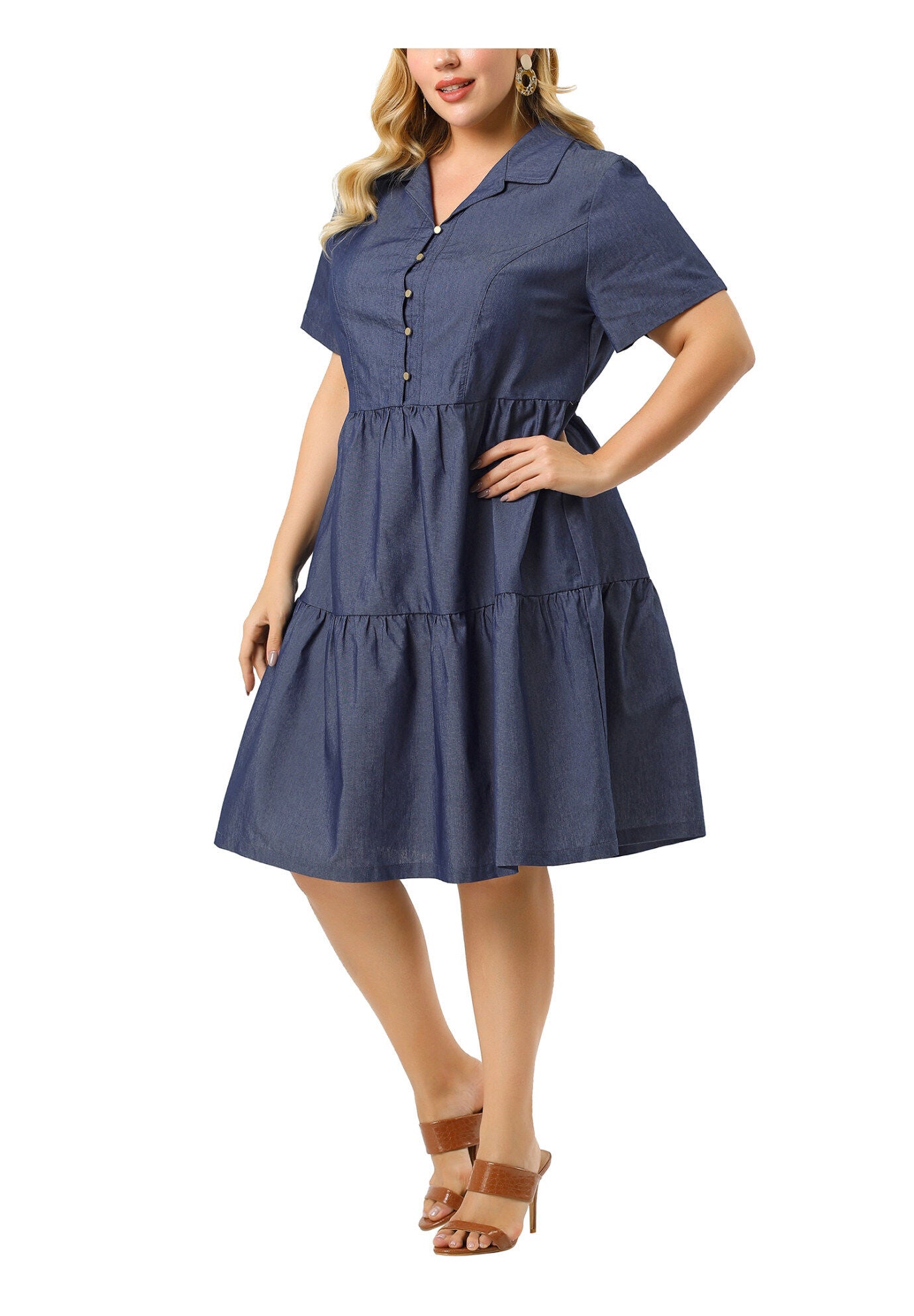 Short Sleeve Button Down Flowy Tiered Shirt Chambray Dress, Blue / Chambray Denim Medium, alternate image number 2