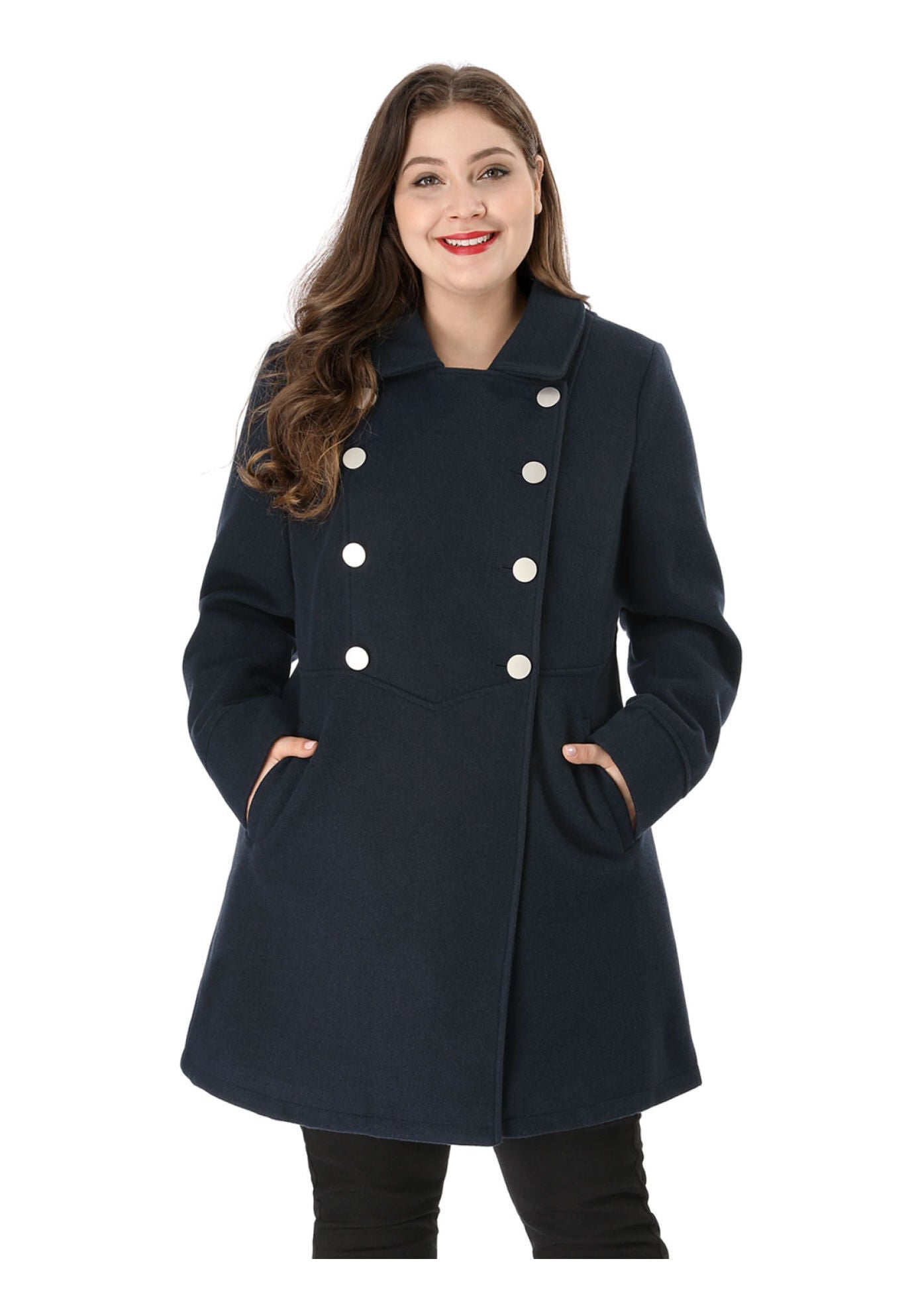 A-Line Peter Pan Collar Double Breasted Peacoat, Navy Blue / Navy, alternate image number 1