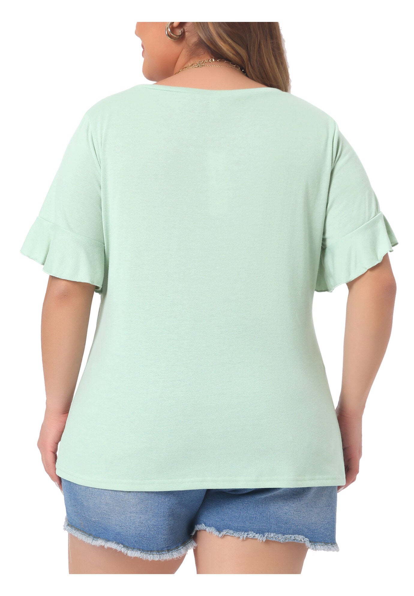PLAIN CREW NECK RUFFLE SHORT SLEEVE TEE TOP, Mint Green / Light Green, alternate image number 3