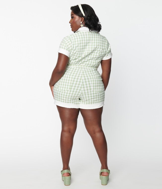 Unique Vintage Plus Size Sage & White Gingham Patsy Romper, , alternate image number 2