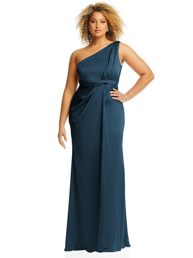 One-Shoulder Draped Twist Empire Waist Trumpet Gown, Atlantic Blue / Navy, hi-res image number 0