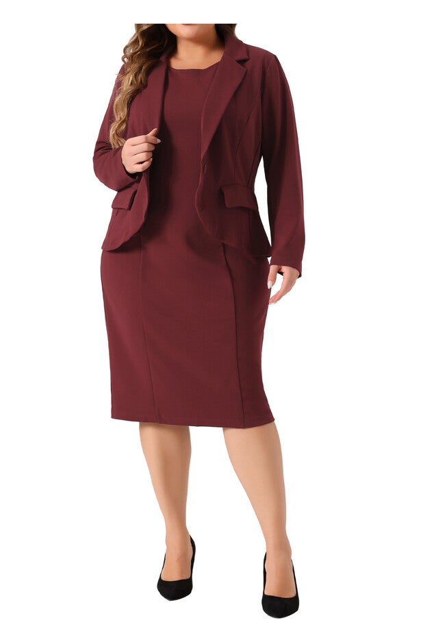 TWO PIECE BLAZER JACKET AND SLEEVELESS DRESS SUIT SET, Burgundy / Red, alternate image number 2