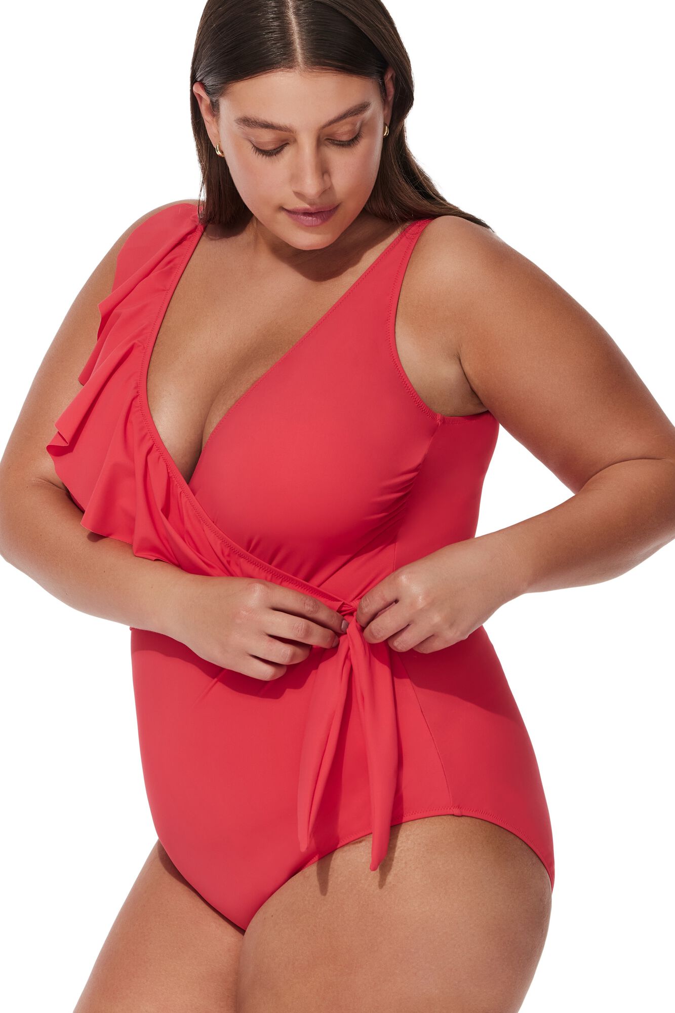 Tutti Frutti Plus Size Ruffle Surplice One Piece, Coral / Coral, alternate image number 2