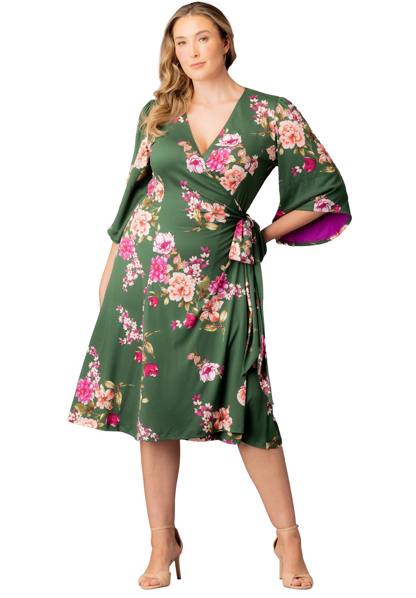 Gemini Wrap Dress, Green Floral Print / Forest Green, hi-res image number 0