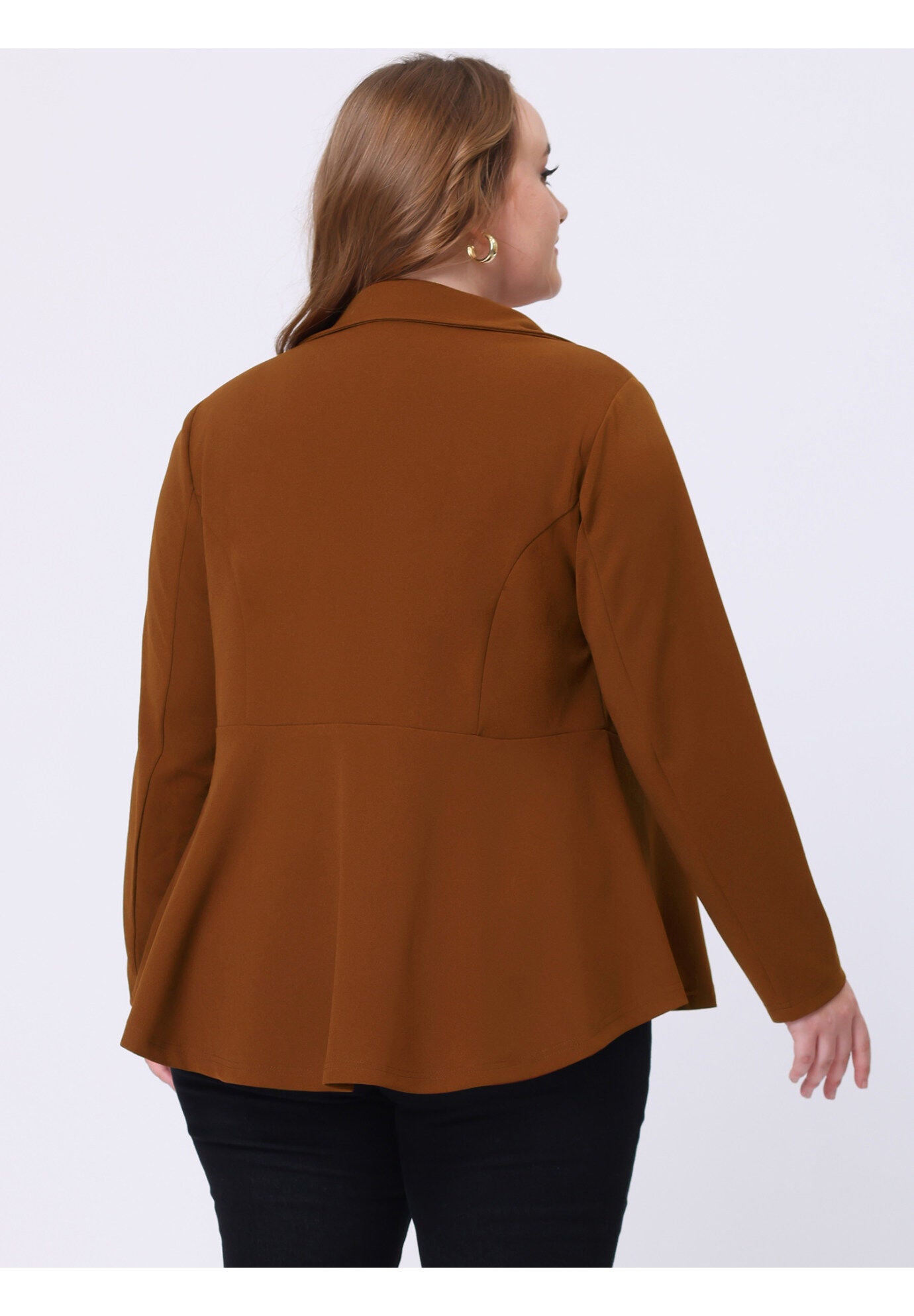 RUFFLE V NECK BUTTON NOTCH PANEL PEPLUM BLAZER, Brown / Brown, alternate image number 2