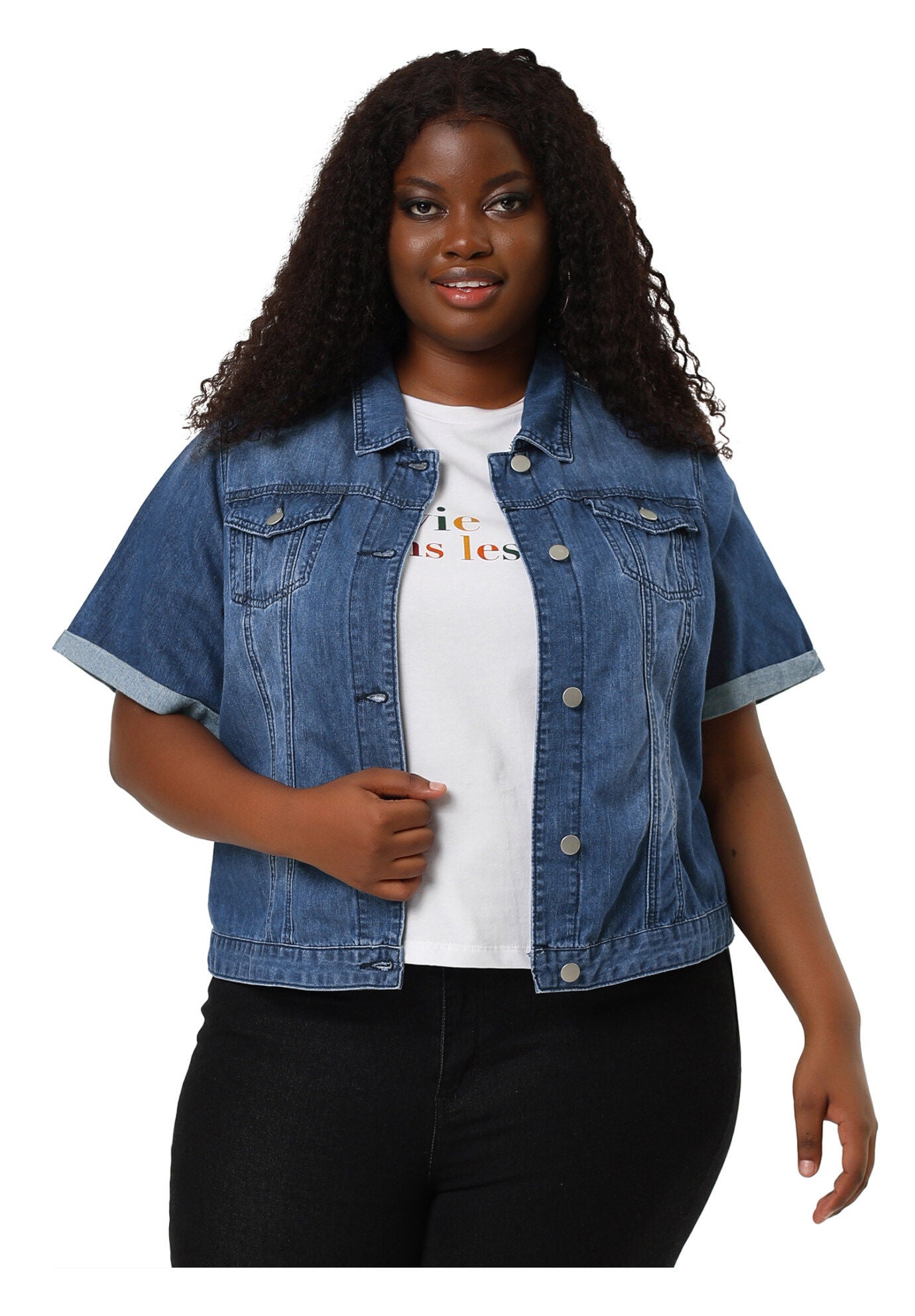 BUTTON FRONT CROP JEAN SHORT SLEEVE DENIM JACKET, Blue / Royal Blue, alternate image number 2