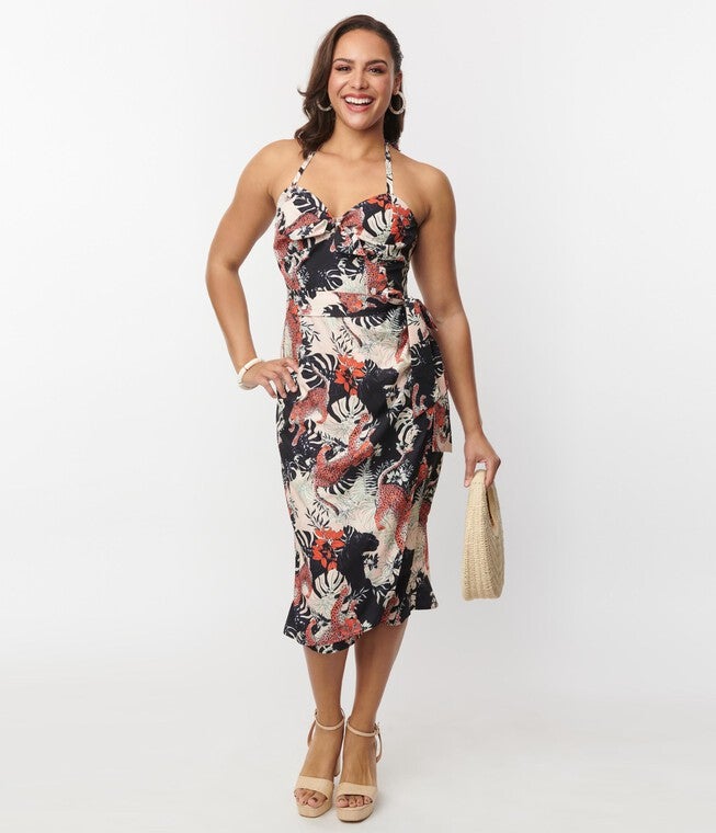 Unique Vintage Jungle Cat Print Leilani Sarong Dress, Black / Black, hi-res image number null