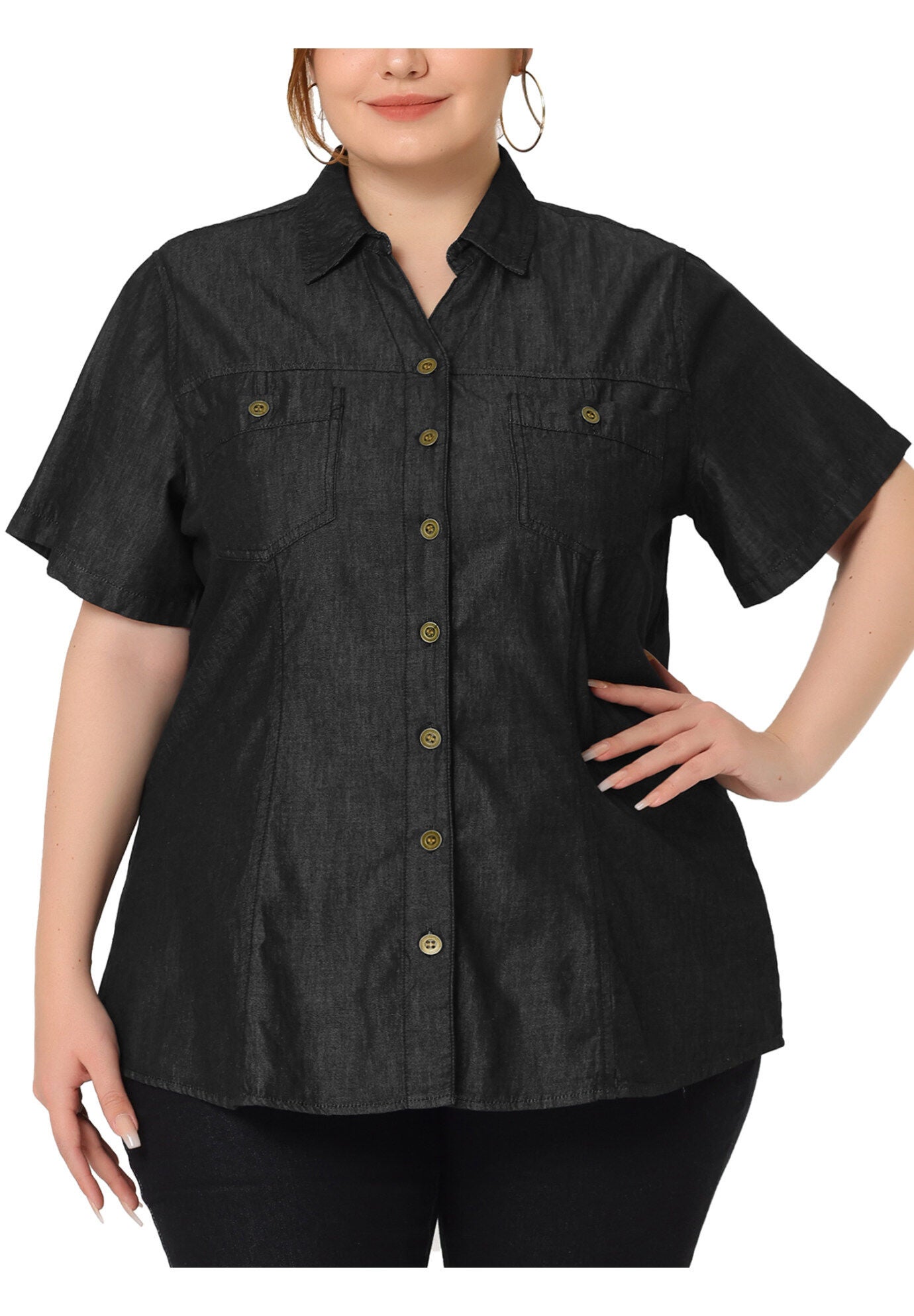 Short Sleeve Chambray Button Down Denim Shirt, Black / Black, alternate image number 2