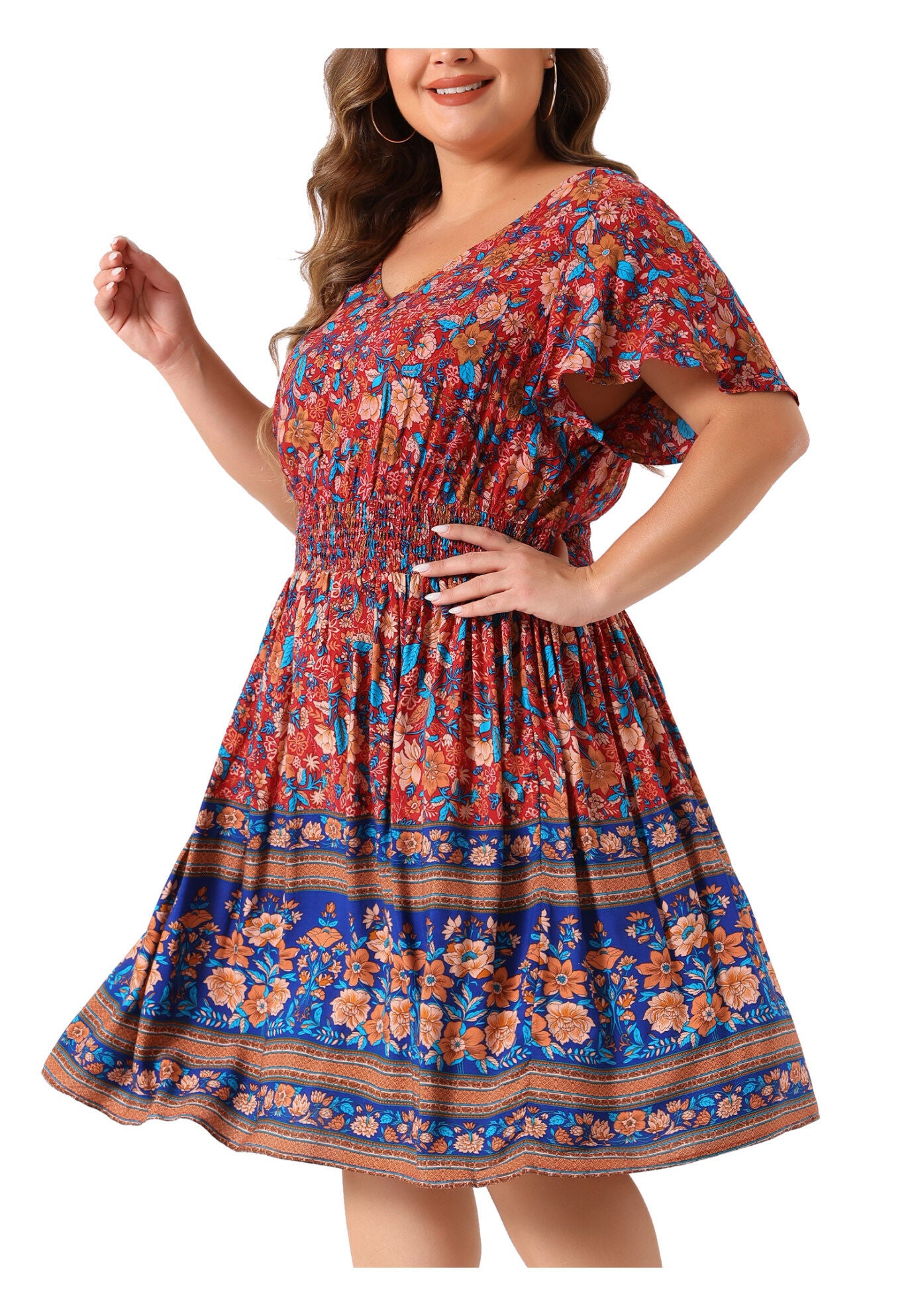 Placed Pattern Bohemian Smock Waist V Neck Summer Midi Dress, Blue Red / Red, alternate image number 2