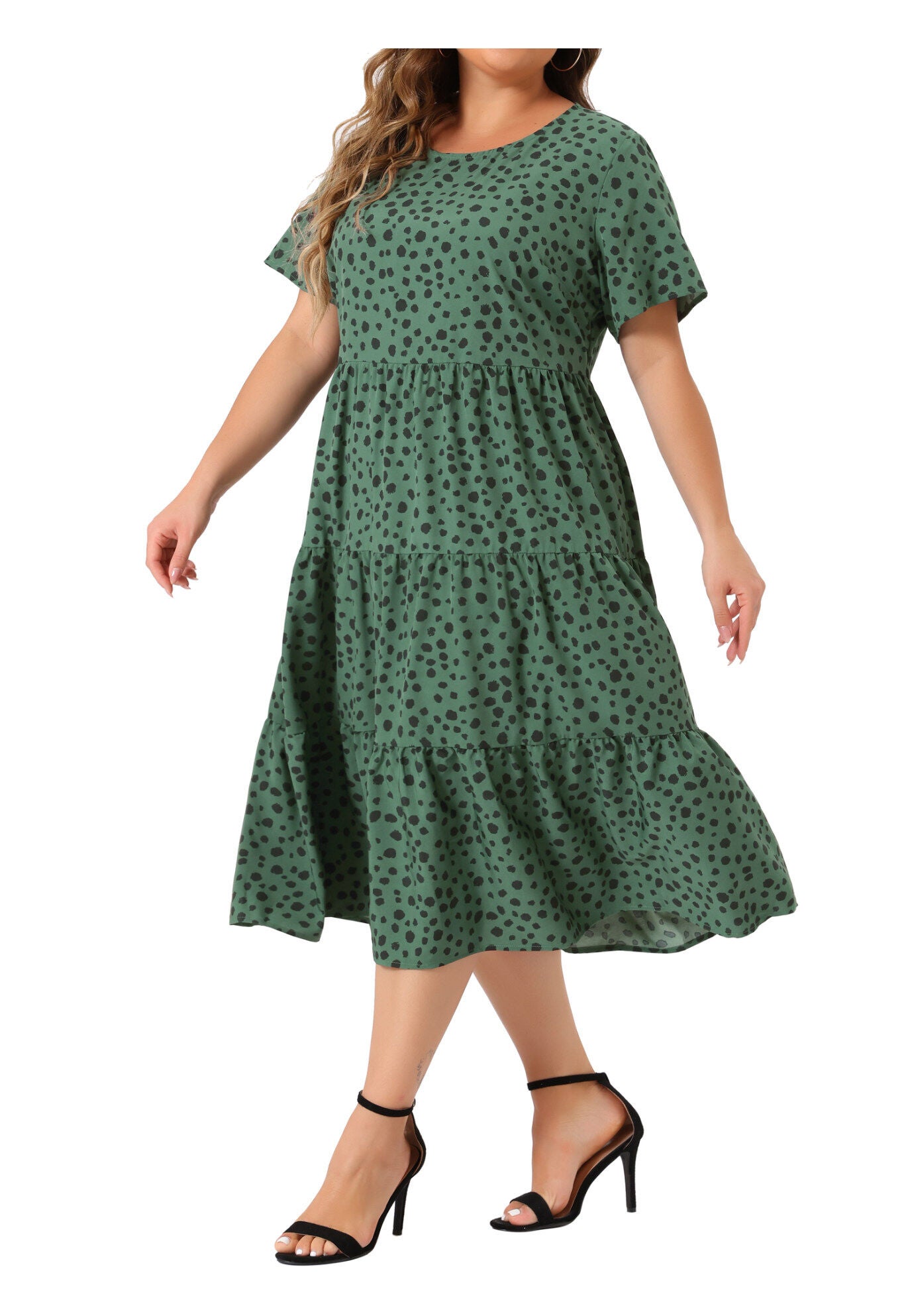 Polka Dots Short Sleeve Midi Layered Dress, Dark Green / Forest Green, alternate image number 2