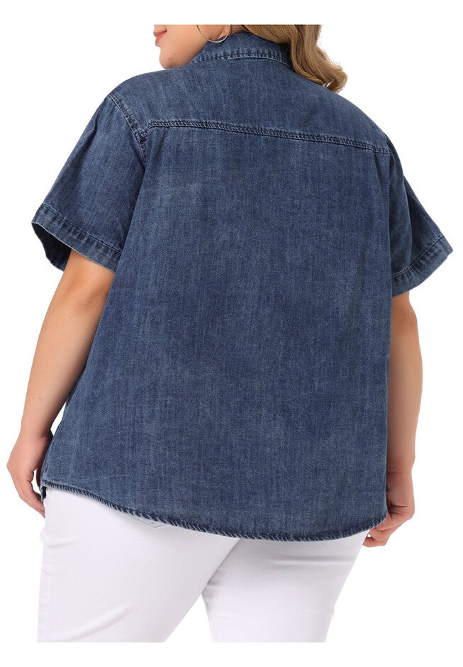 Jean Short Sleeve Button Down Top Denim Shirt, Denim Blue / Chambray Denim Medium, alternate image number 3