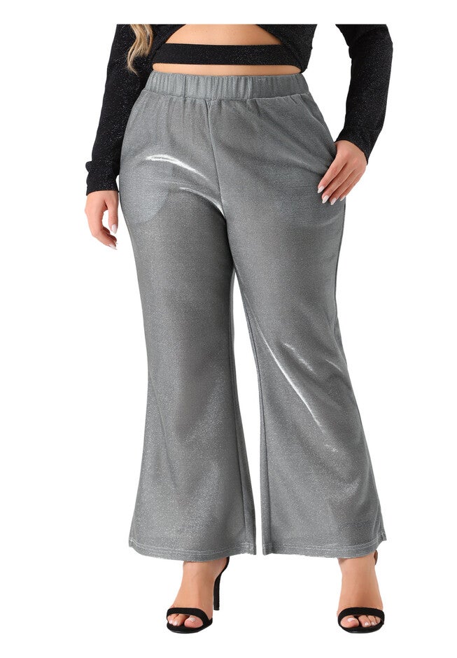 METALLIC SPARKLY HIGH WAIST WIDE LEG PALAZZO PANTS, Silver / Silver, alternate image number 1