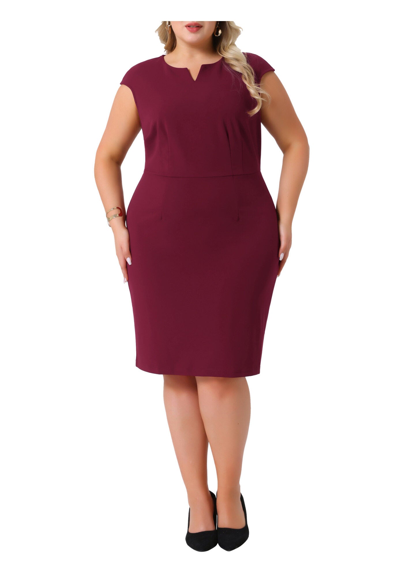 Notched Neck Sleeveless Work Pencil Sheath Dress, Burgundy / Burgundy, alternate image number 2