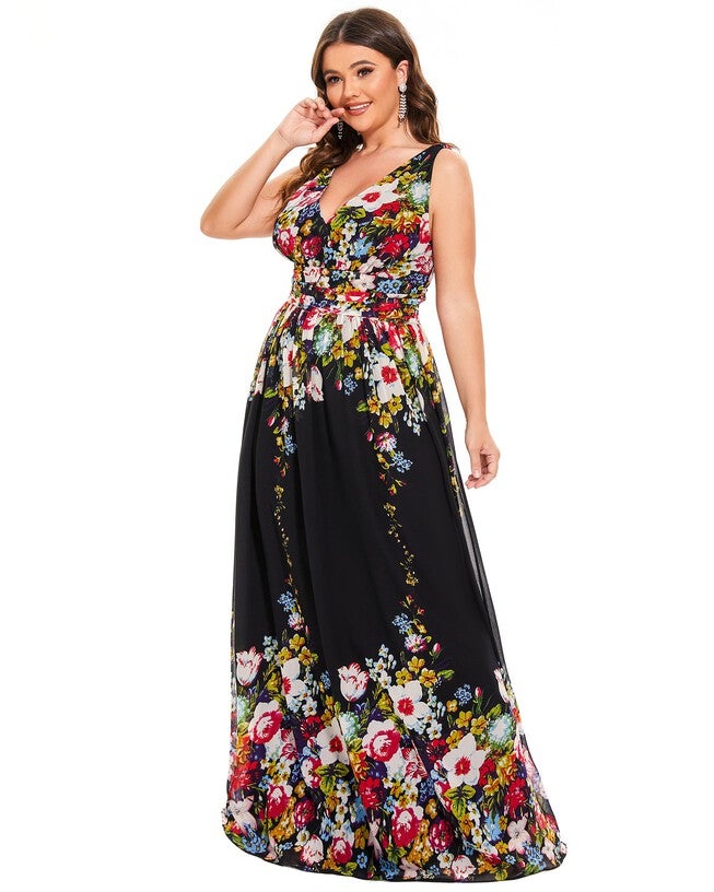 Pleated Sleeveless V-Neck Chiffon Maxi Dress, Black and Printed / Black, alternate image number null