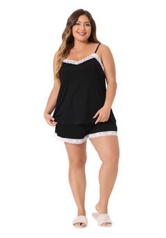 Lace Panel Elastic Waist Cami Sleep Lounge Pajama Sleepwear Set
