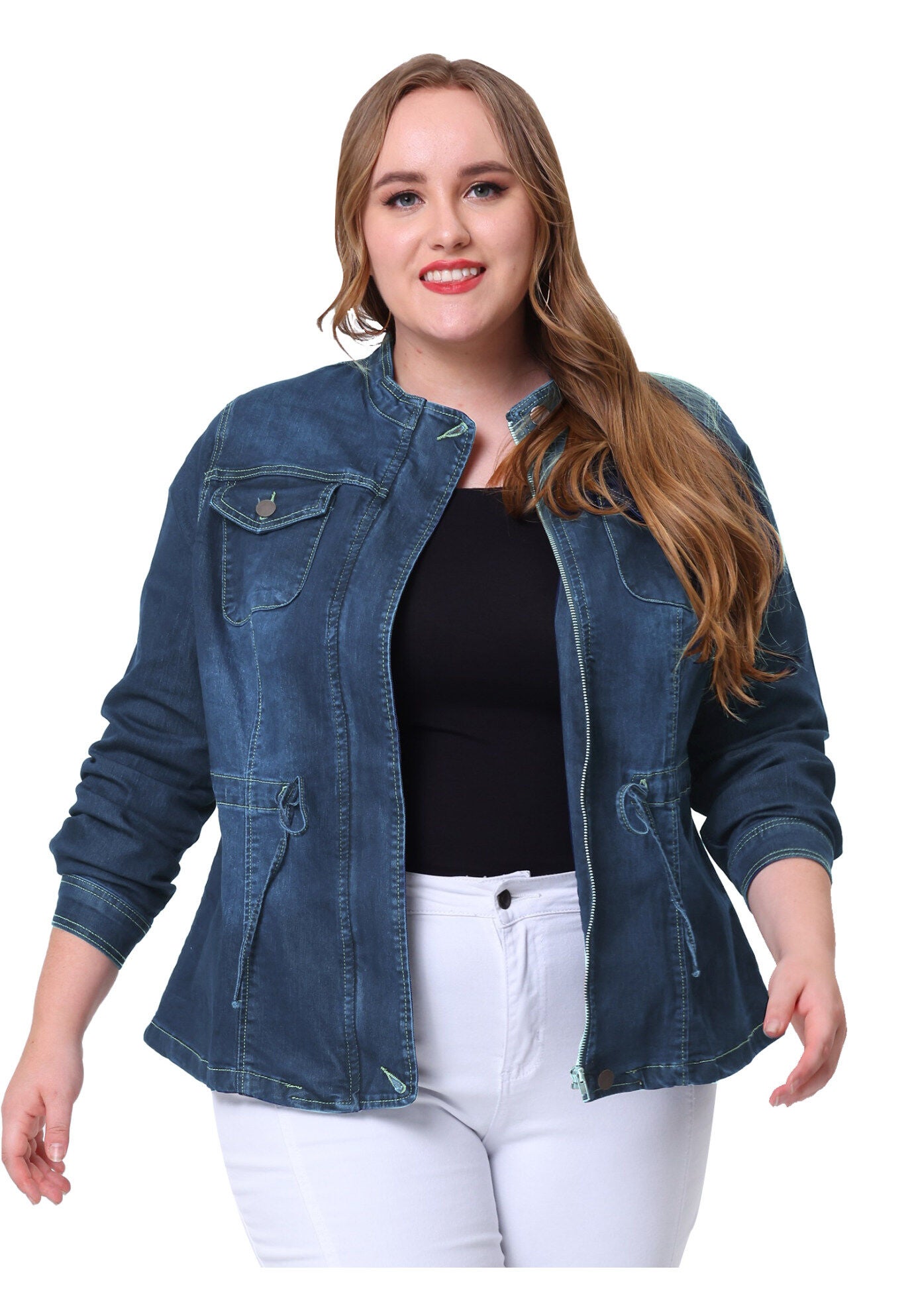 STRETCH STAND COLLAR ZIP DRAWSTRING DENIM JACKET, Navy Blue / Navy, alternate image number 2
