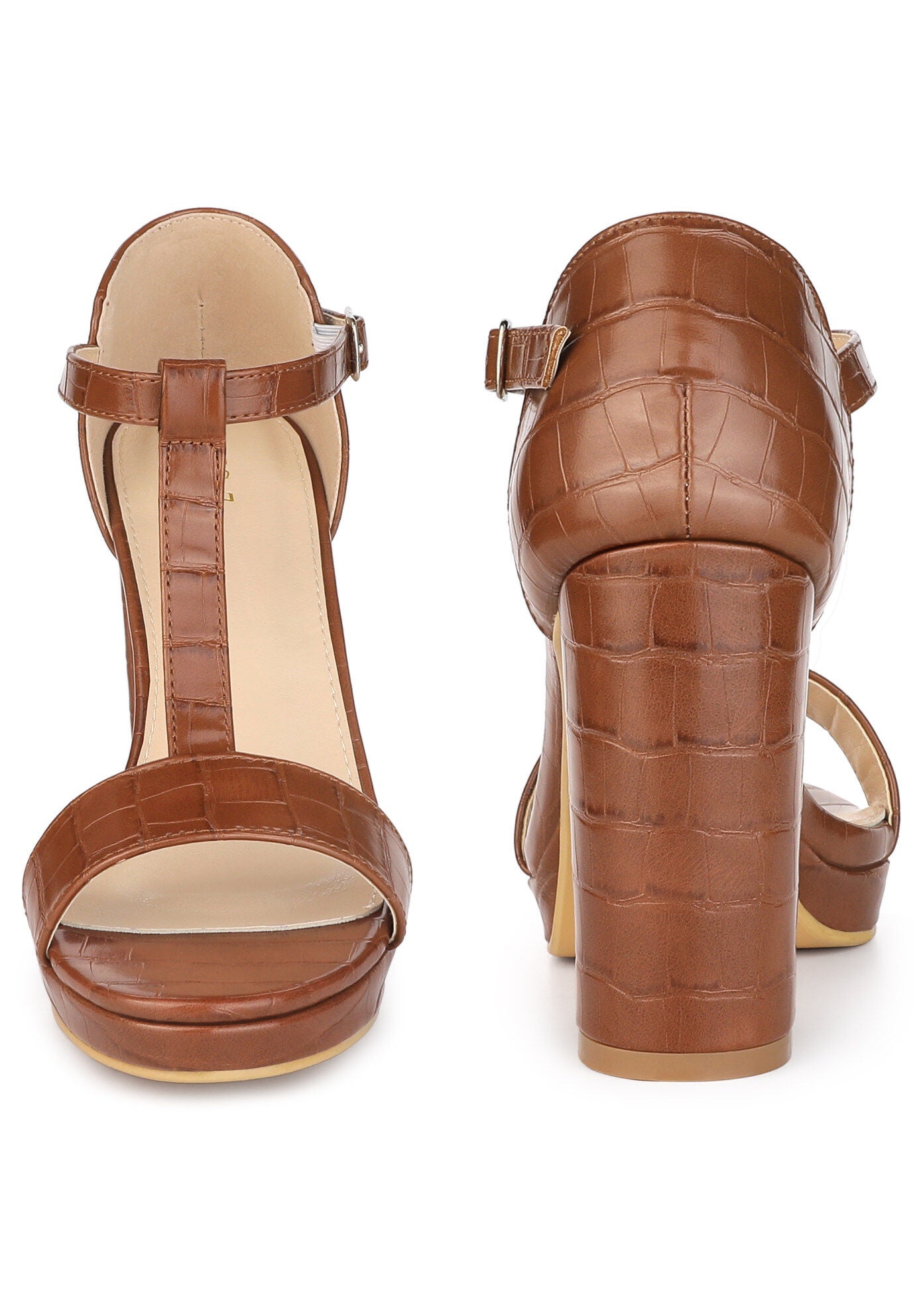 Platform Print Embossed Ankle Strap Chunky Heels Sandals, Brown / Brown, alternate image number 1