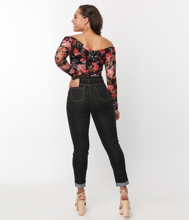 Unique Vintage Black Denim Cuffed Jeans, Black / Black, alternate image number 2