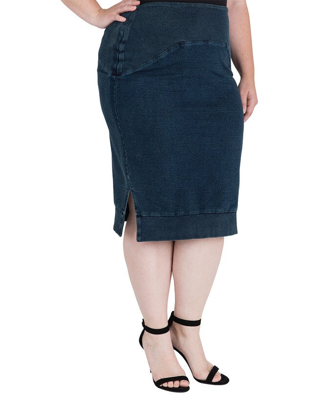 Plus Size Kelly Side Slit Indigo French Terry Pencil Skirt, , alternate image number 6