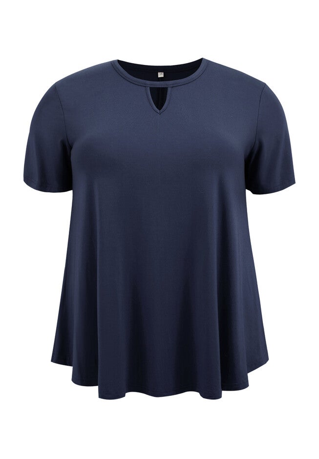Knit Keyhole V Neck Short Sleeve Swing Tunic Blouse, Navy Blue / Navy, alternate image number 3