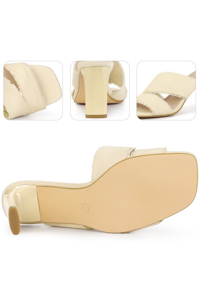 Denim Sandals Chunky Heels Slides Mules, Beige / Beige, alternate image number null