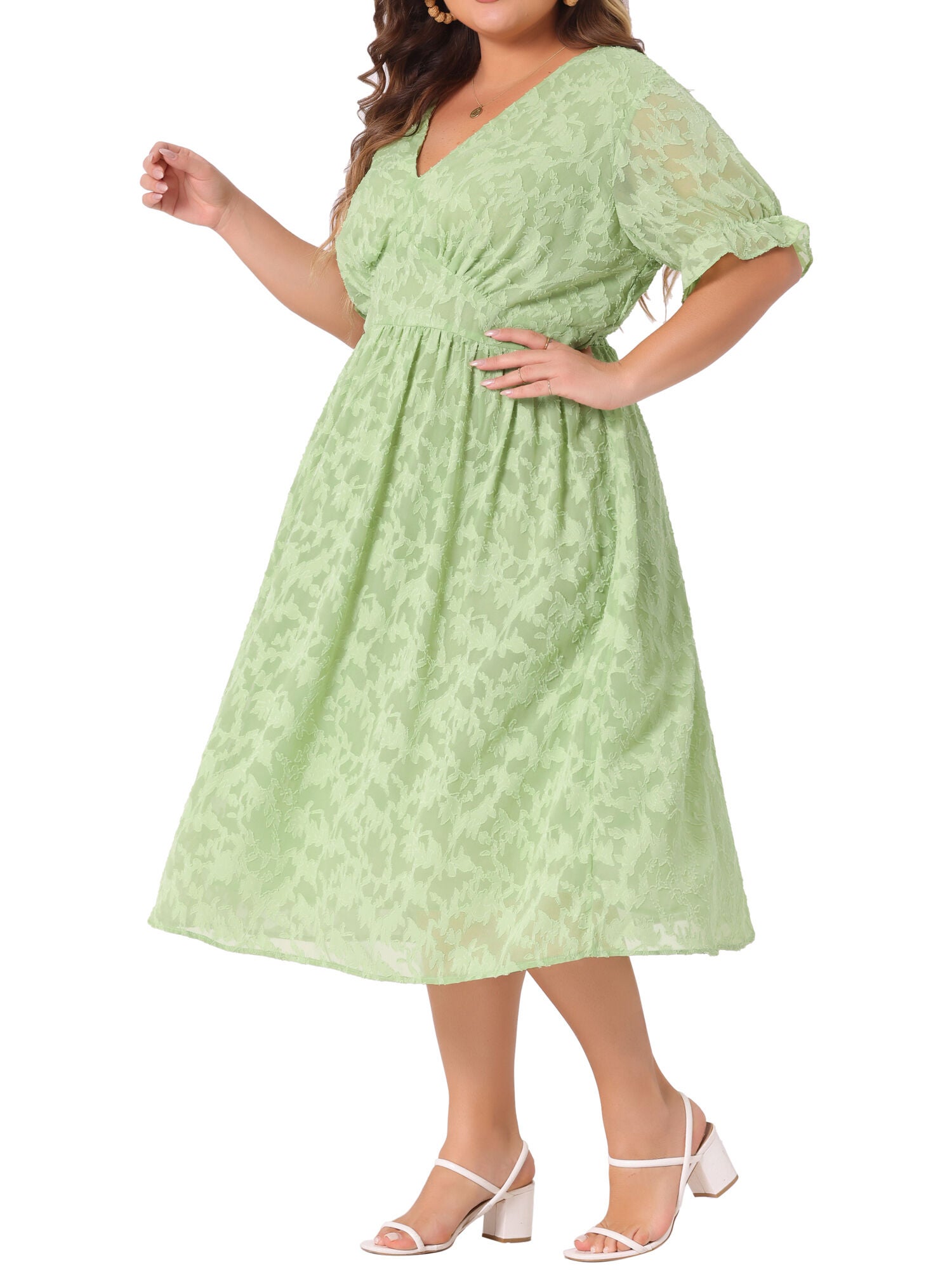 LACE FLORAL RUFFLE SHORT SLEEVE V NECK MIDI DRESS, Grass Green / Light Green, alternate image number 1