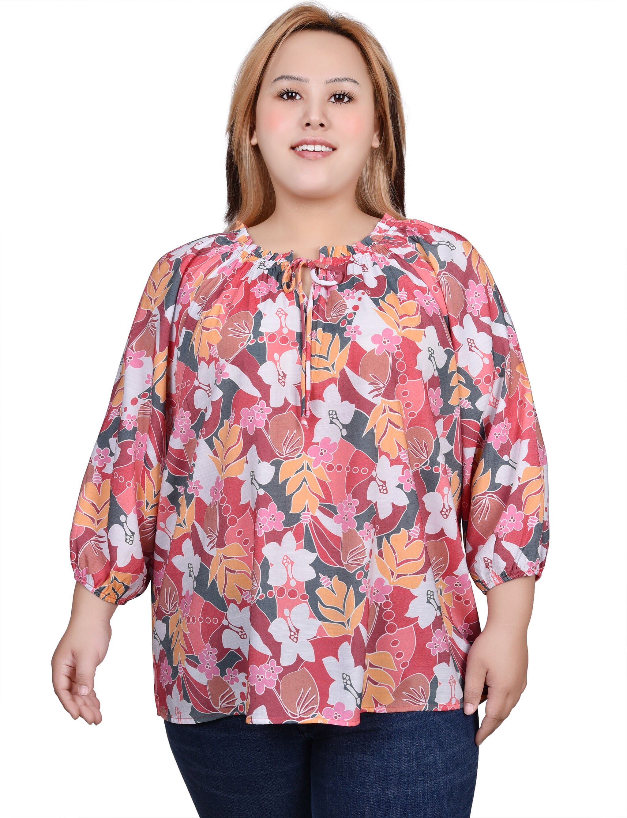 3/4 Sleeve Drawstring Neck Blouse, Pink Red Flower / pink, hi-res image number 0