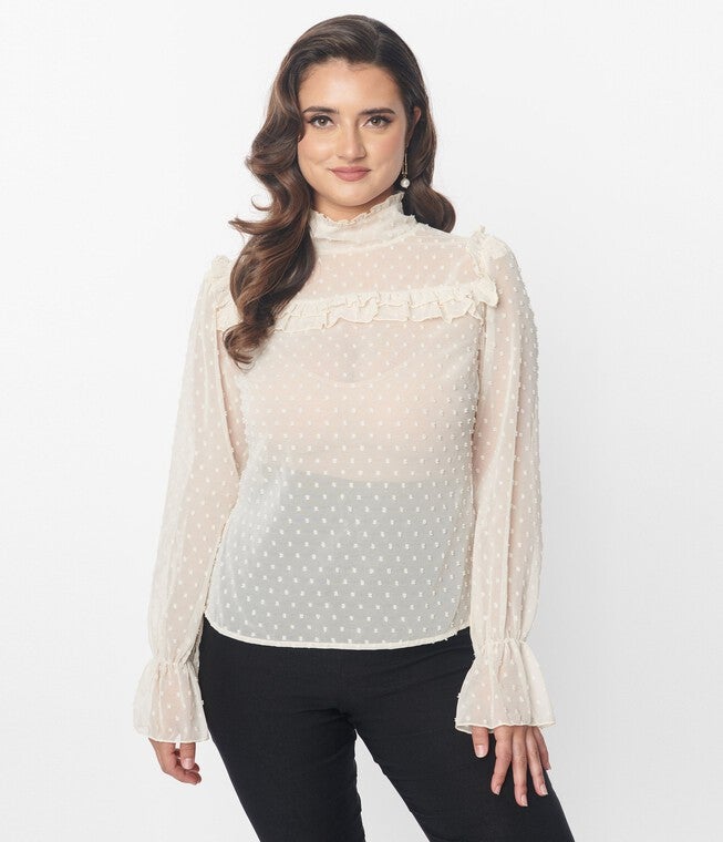 Unique Vintage Ivory Clip Dot Donna Blouse, Ivory / Ivory, alternate image number null