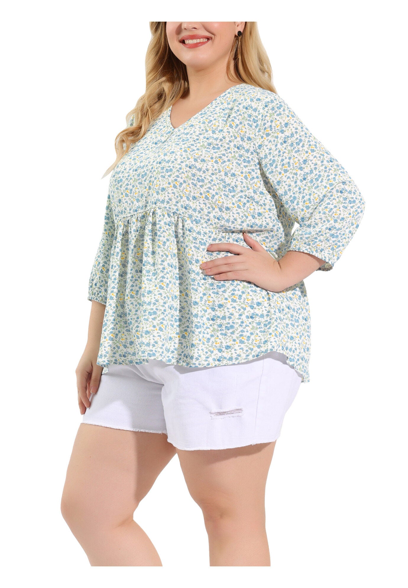 V Neck Babydoll Flowy 3/4 Lantern Sleeve Floral Blouse, White / White, alternate image number 2