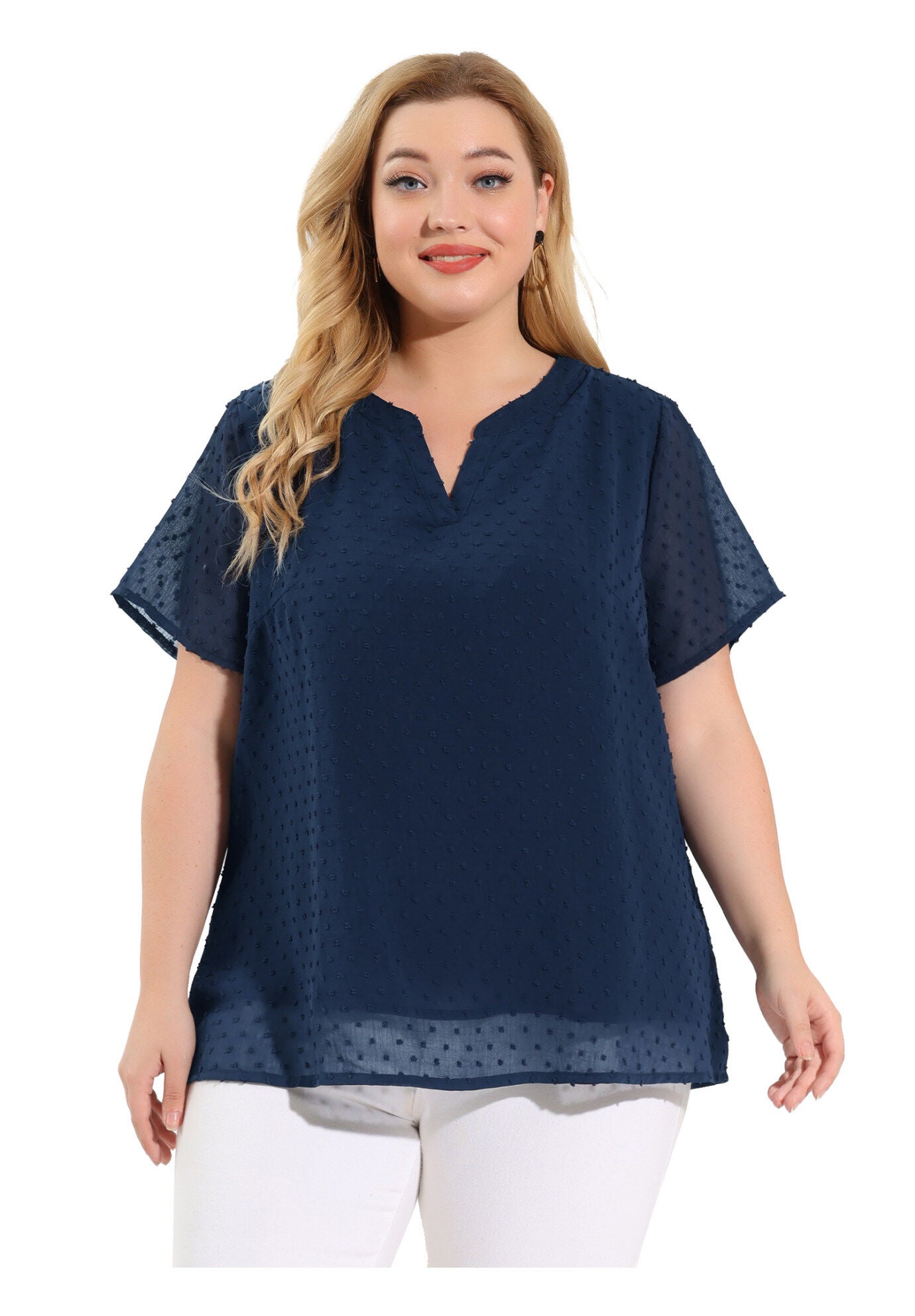 Swiss Dots Notched Neck Short Sleeve Basic Blouse, Navy Blue / Navy, alternate image number 3