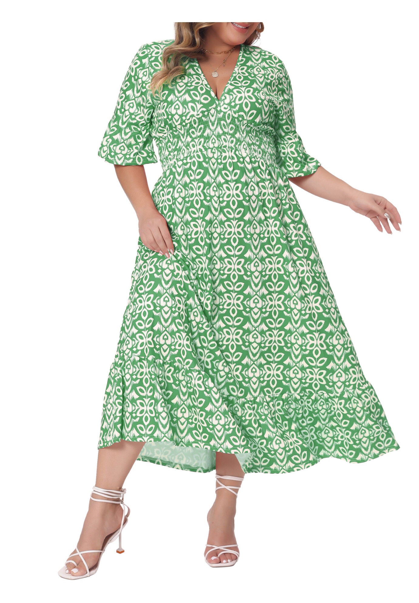 Bell Sleeve Ruffled Hem V Neck Short Sleeve Boho A Line Long Dress, Green / Light Green, alternate image number 2