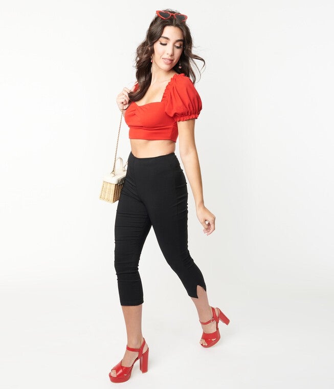 Unique Vintage 1950s Black High Waist Rachelle Capri Pants, Black / Black, alternate image number 4