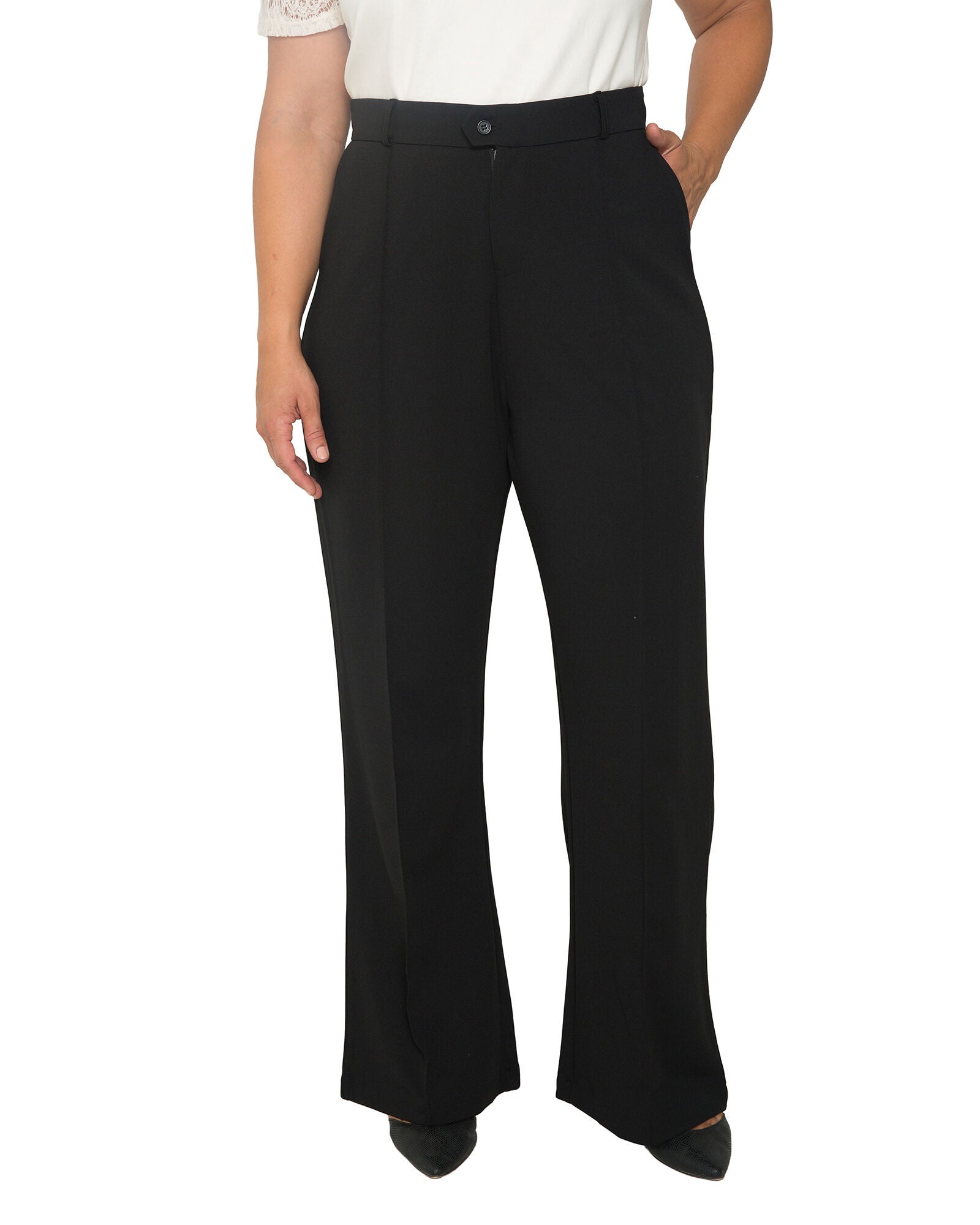 Plus Size Erica Pintuck Stretch Crepe Wide Leg Trouser, Black / Black, hi-res image number 0
