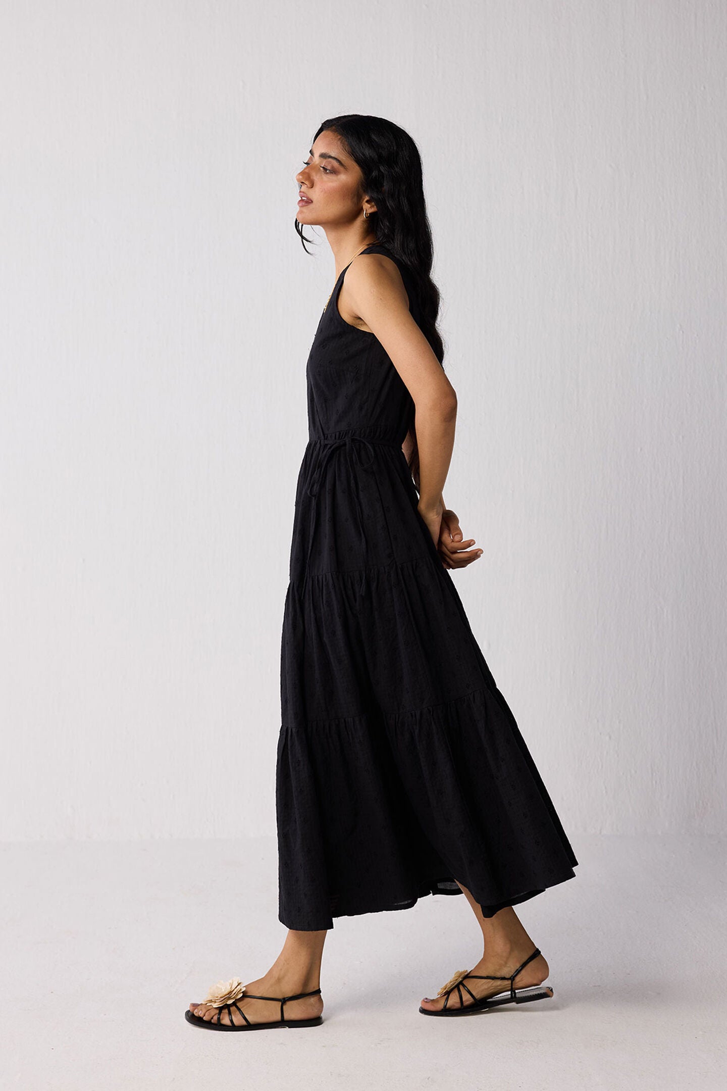 Sleeveless Embroidered Wrap Dress with Tiers in Black, Black / Black, alternate image number 2
