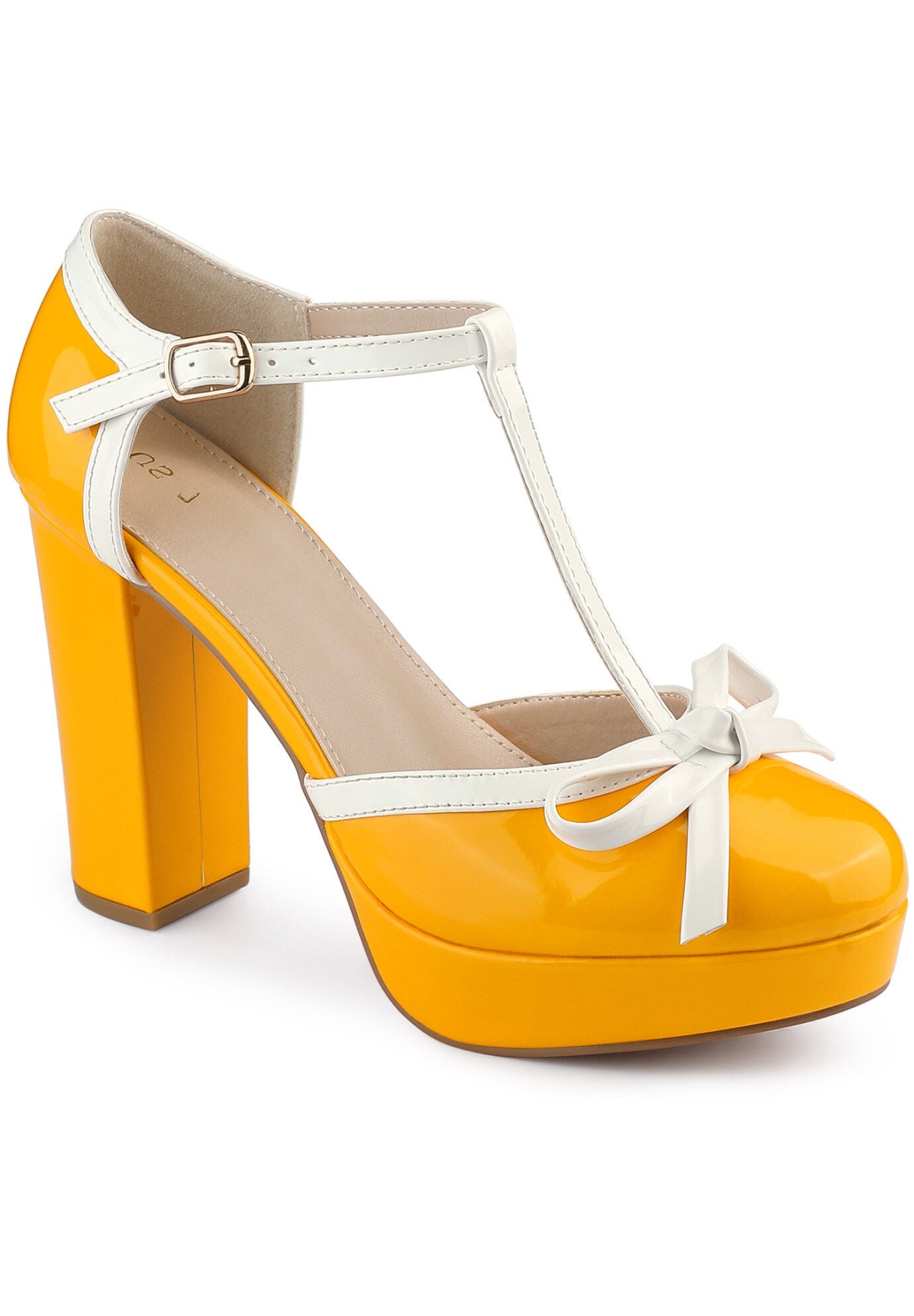 Platform Bow T Strap Chunky Heels Pumps, Yellow / Yellow, hi-res image number 0