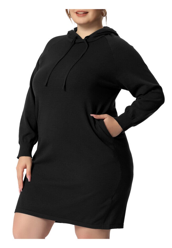 Long Sleeve Pullover Hooded Short Bodycon Sweater Dress, Black / Black, alternate image number 2