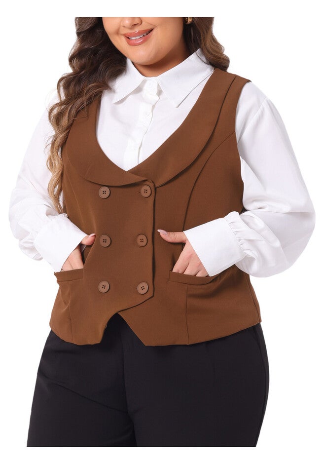 DOUBLE BREASTED LAPEL COLLAR DRESSY WAISTCOAT SUIT VEST, Brown / Brown, alternate image number 2