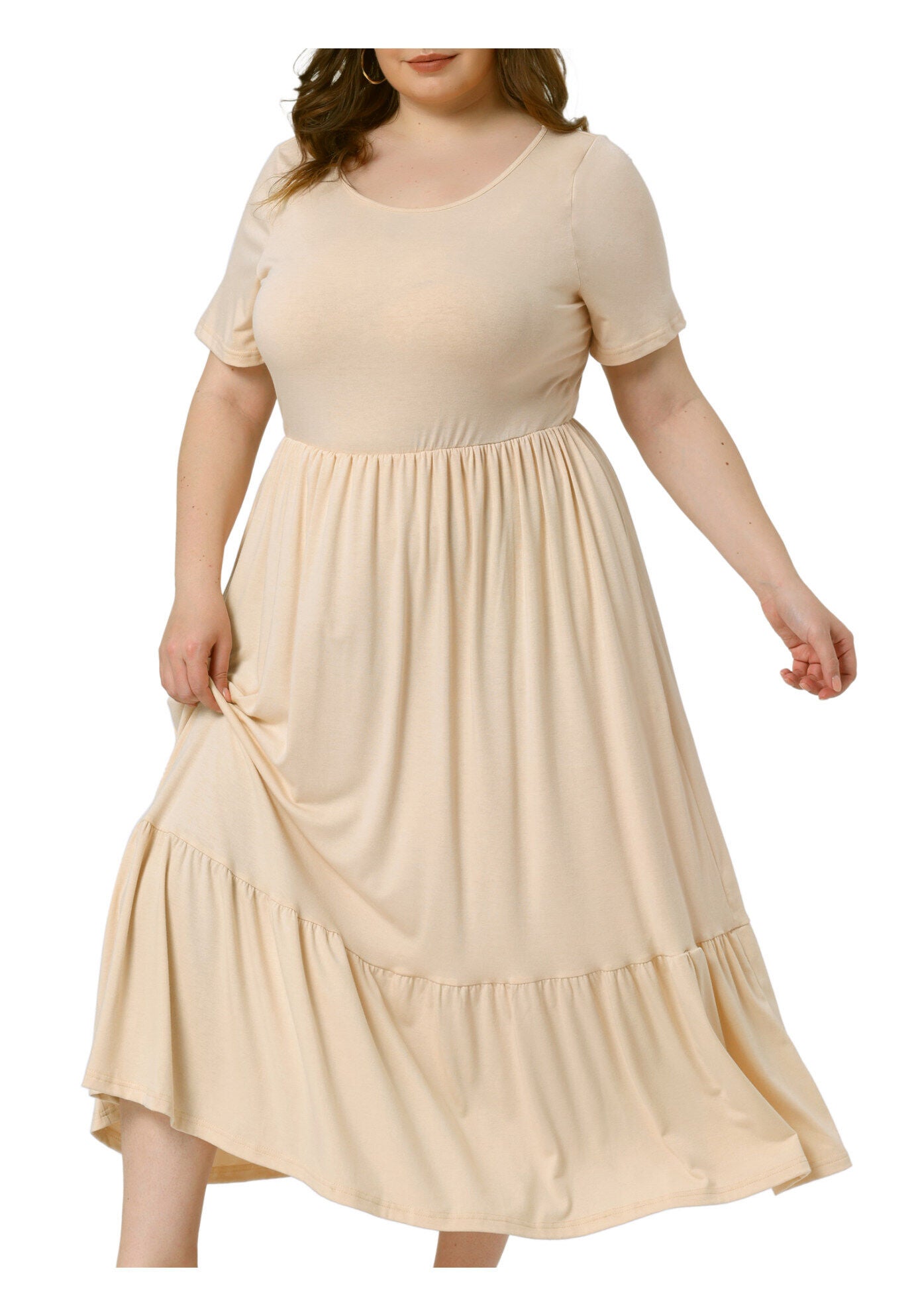 Short Sleeve Crew Neck Swing Flowy Summer Maxi Dress, Beige / Beige, alternate image number 1