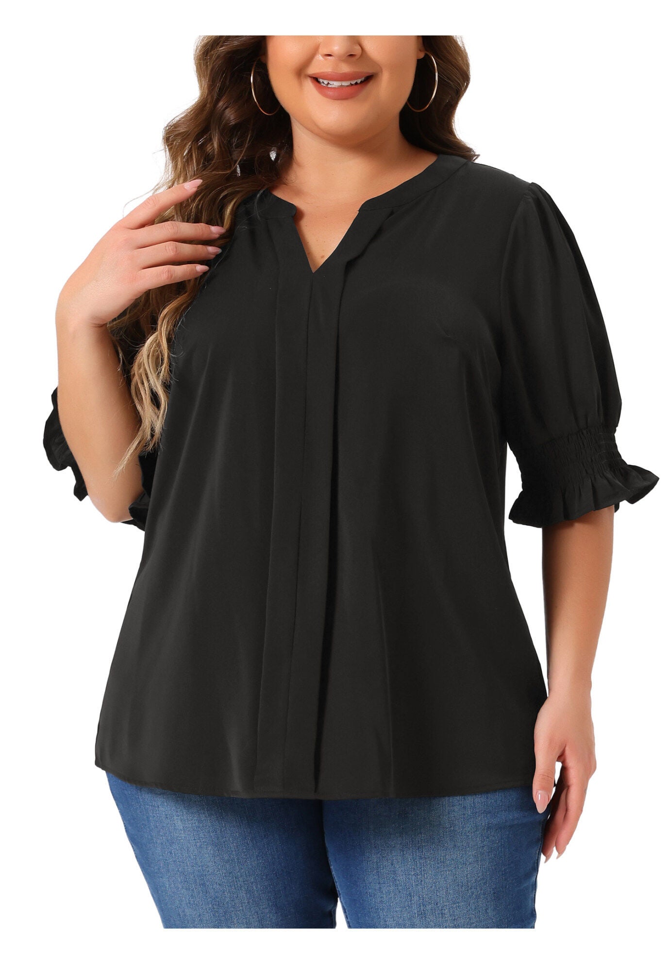 Notched V Neck Puff Short Sleeve Blouse Top, Black / Black, alternate image number 2