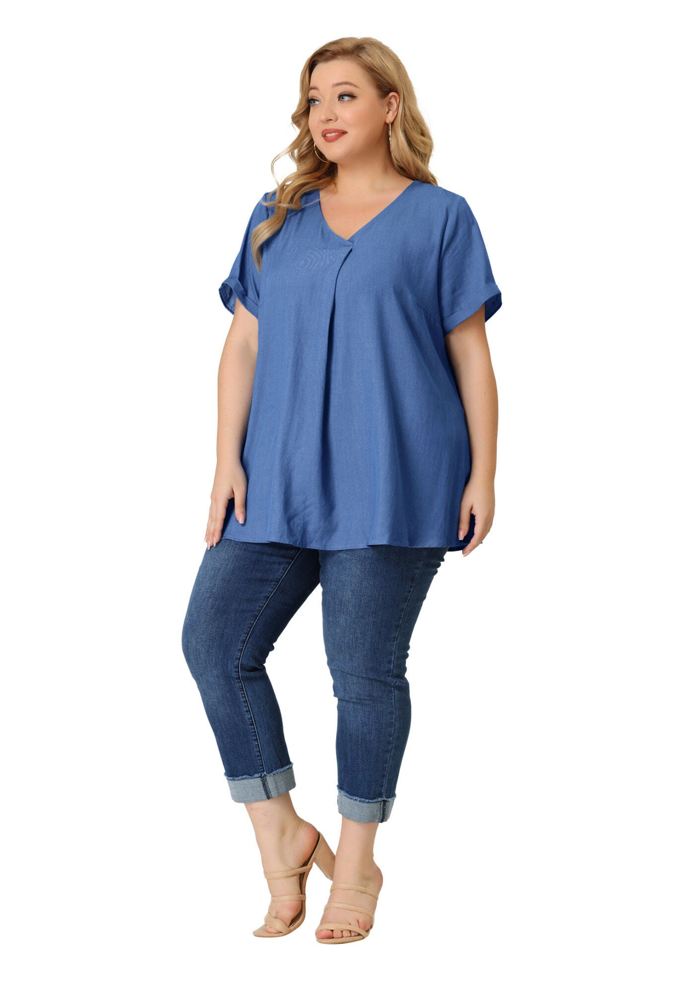Chambray Pleat Front V Neck Short Sleeve Blouse Top, Blue / Cornflower Blue, alternate image number 3