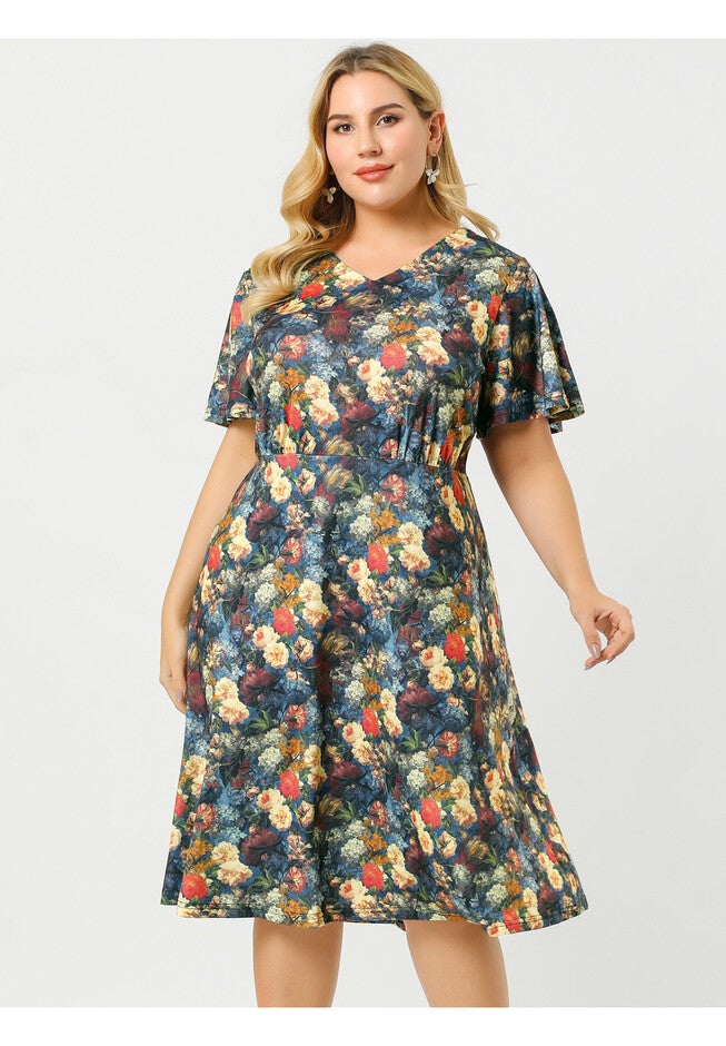 Short Sleeve Fit Flare Midi Sundress Floral Dress, Blue / Navy, hi-res image number null