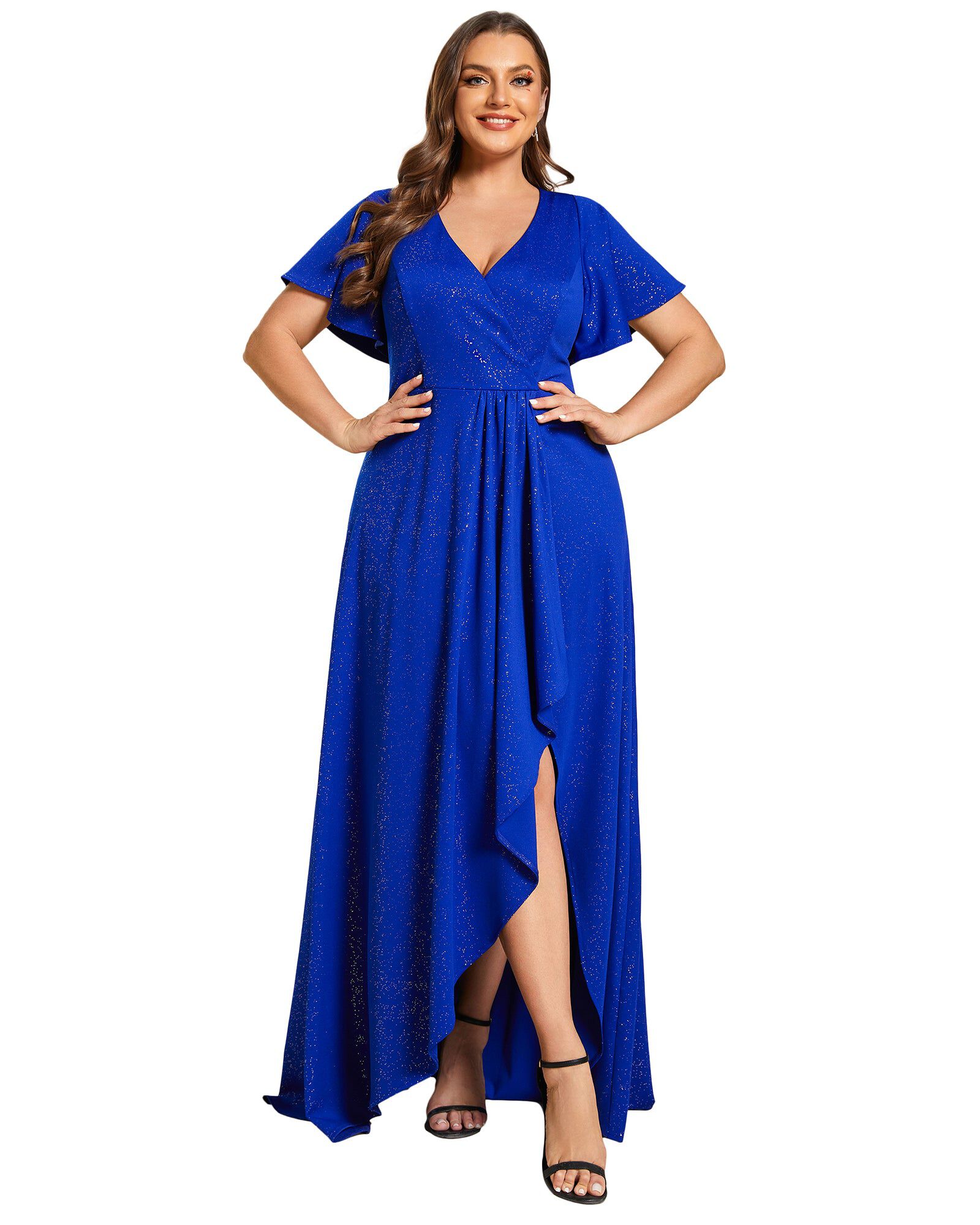 knee length dresses for ladies Flutter Sleeve V-Neck Tie-Waist Chiffon Evening Dress main image 0