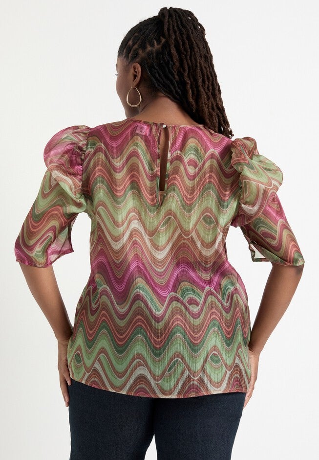 Mutton-Sleeve Organza Blouse, HEAT WAVES, on-hover image number null