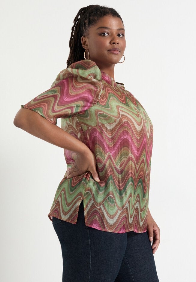 Mutton-Sleeve Organza Blouse, HEAT WAVES, alternate image number null